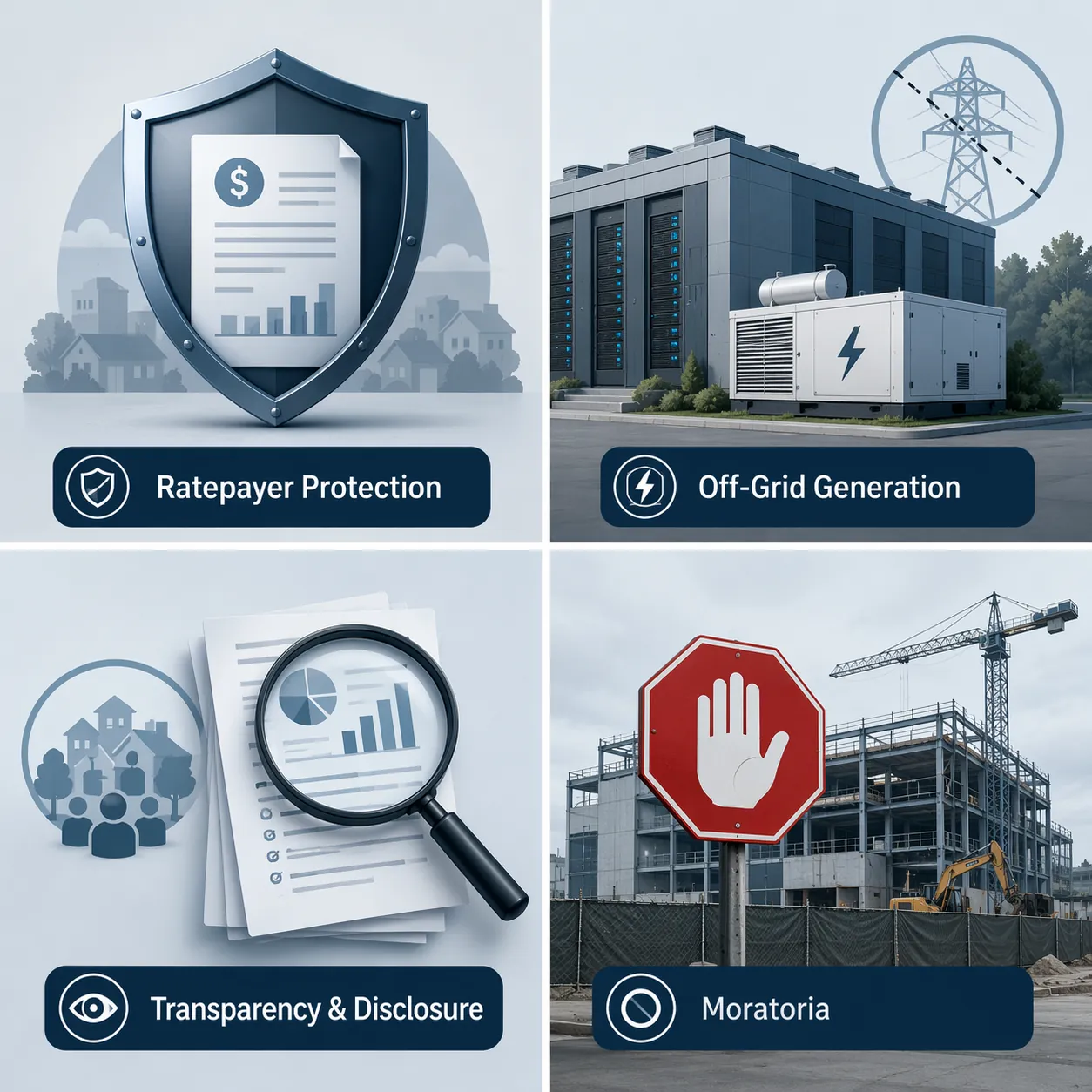 Four categories of data center energy legislation: ratepayer protection, off-grid generation, transparency and disclosure, and moratoria