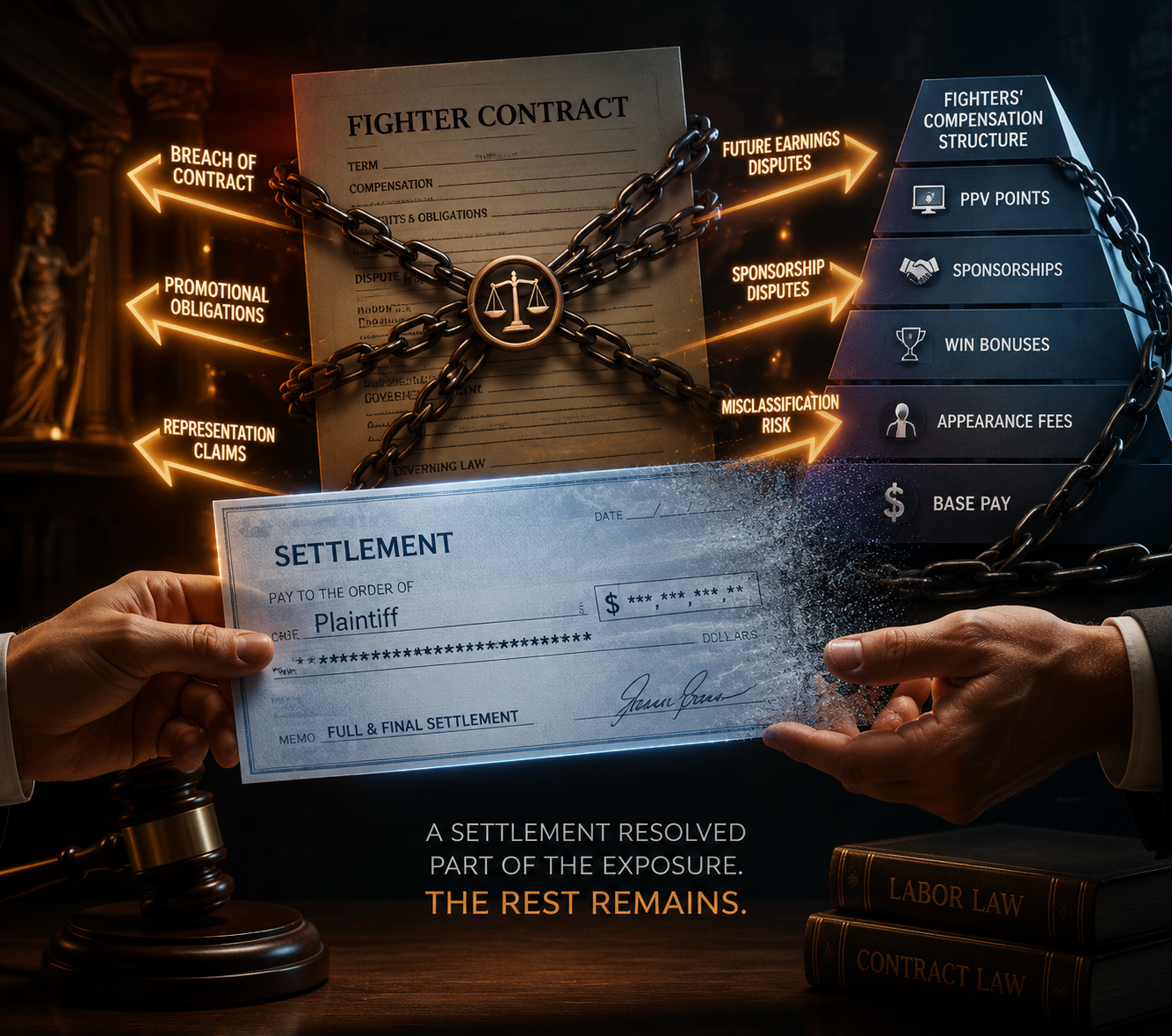 A settlement check fades while legal chains remain attached to a fighter compensation contract and wage pyramid