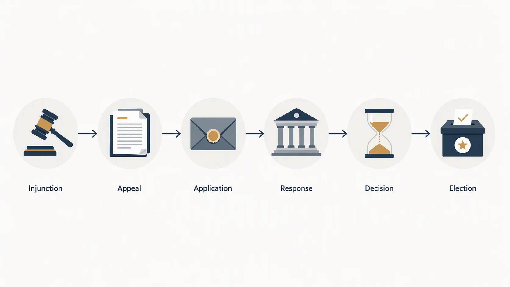Timeline of injunction, appeal, application, response, decision, and election