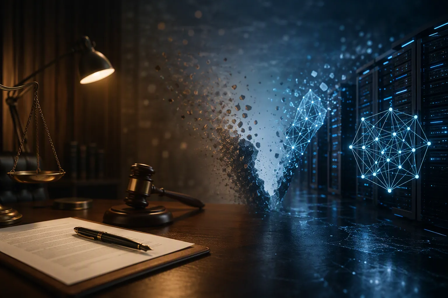Law office desk with contract, pen, and gavel facing abstract AI server infrastructure across a visible digital gap