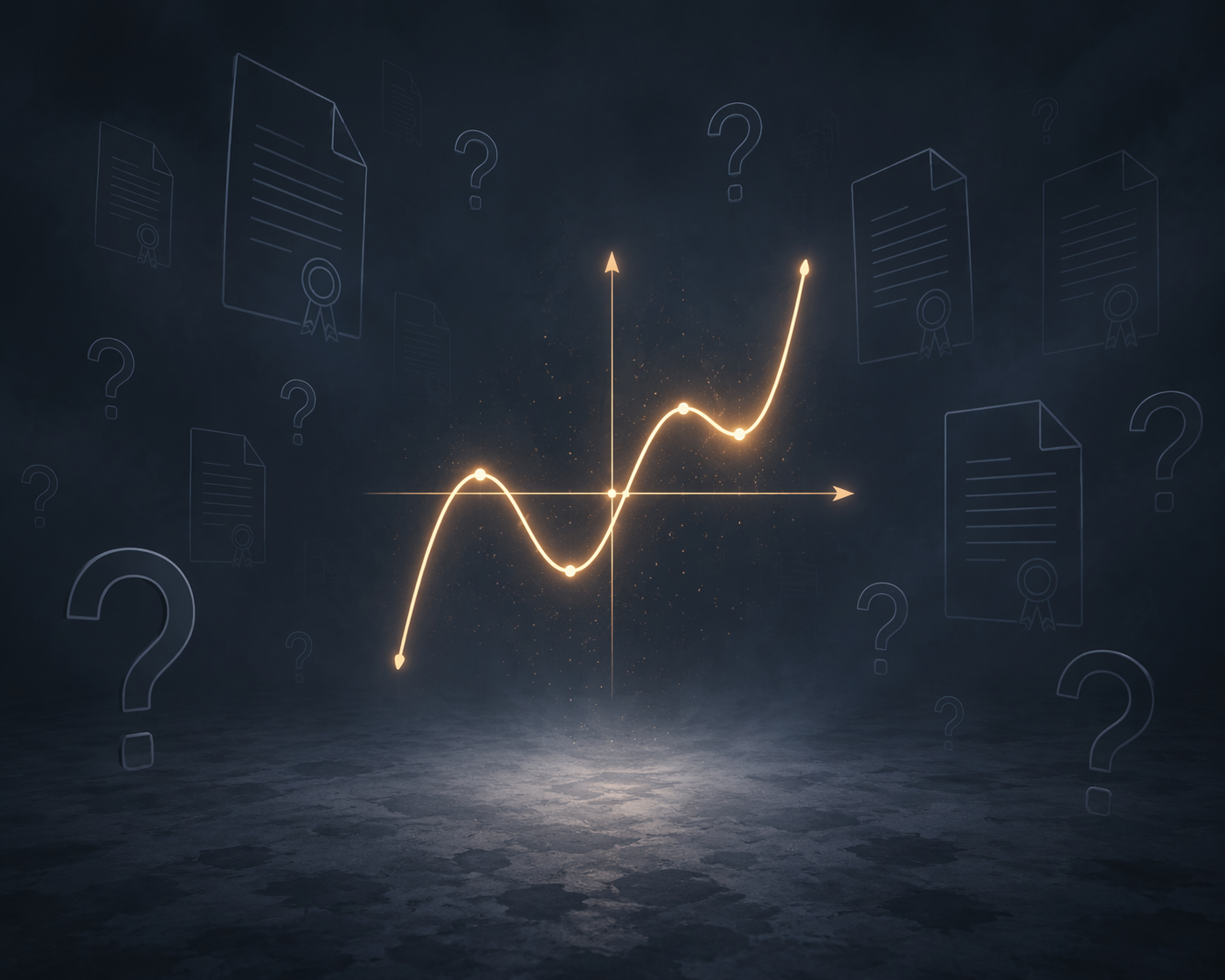 A glowing mathematical formula surrounded by legal document icons and question marks