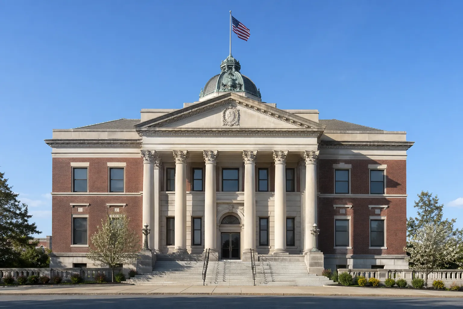 Brick courthouse building with a columned entrance and American flag in daylight