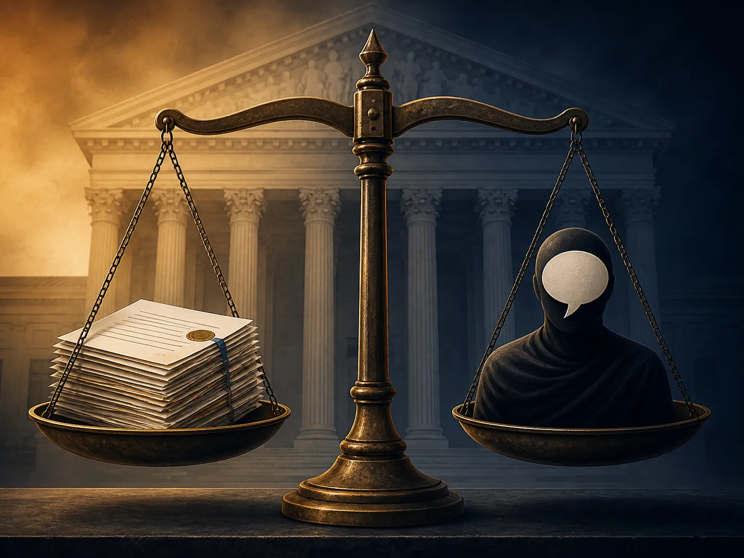 A balance scale weighing subpoena documents against an anonymous speaker silhouette before a courthouse