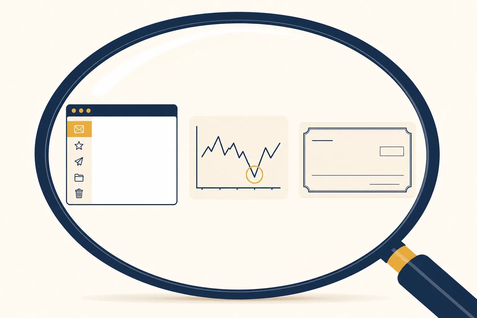 Magnifying glass over an empty inbox, fluctuating chart, and blank check