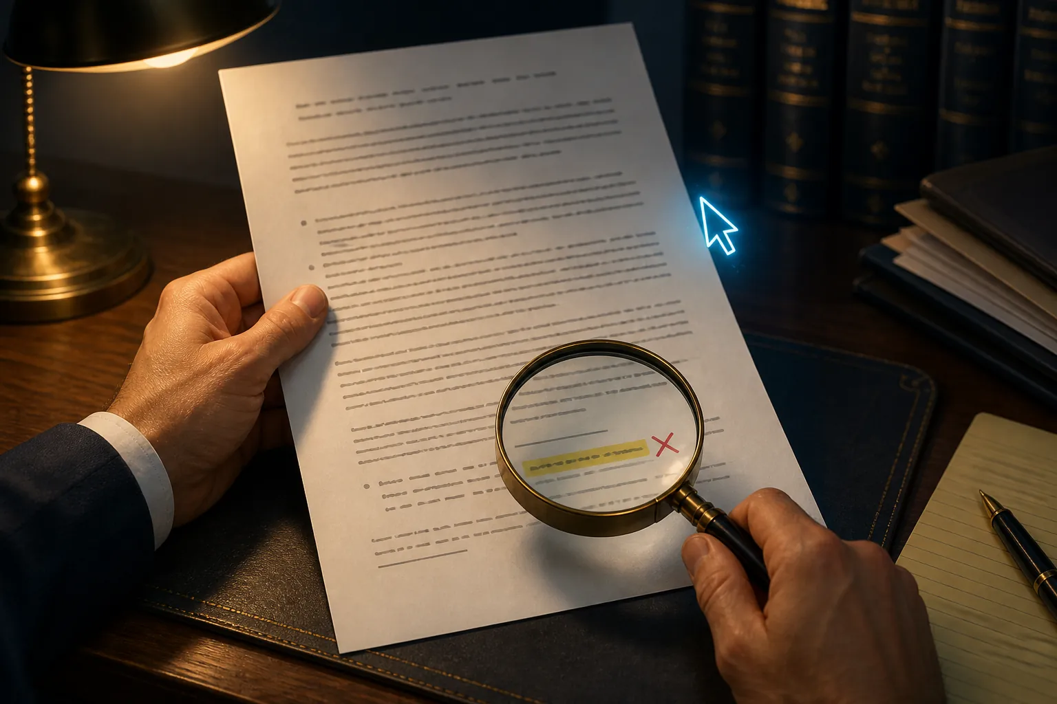 Lawyer reviewing a printed legal document with a magnifying glass over a marked citation line