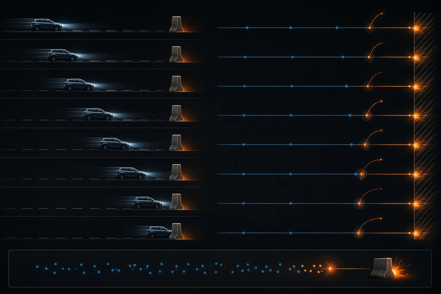 Forensic-style diagram of vehicles approaching stationary obstacles with late reaction timing