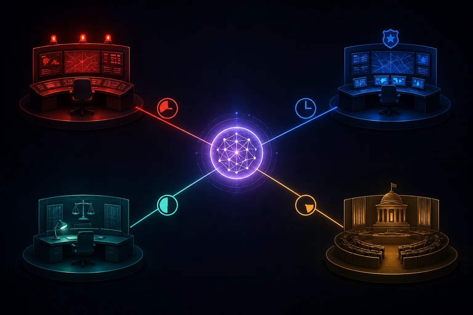 AI incident node routed to emergency services, law enforcement, regulators, and government recipients on different timers