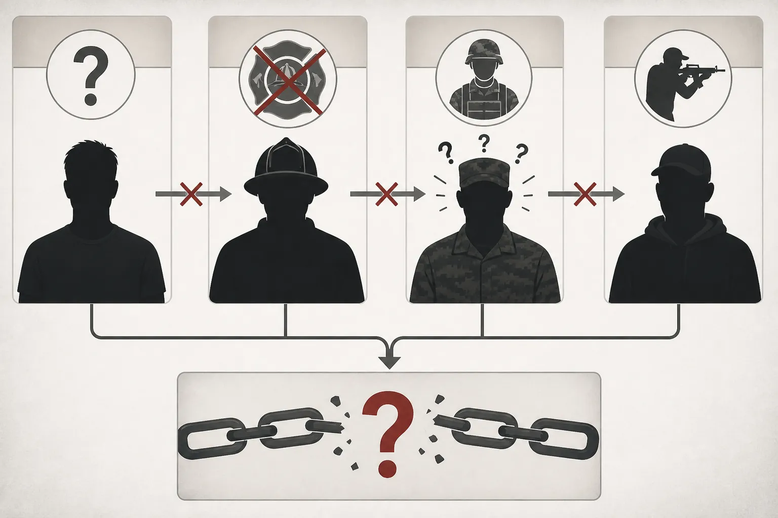 Separate figures and false claims linked by broken arrows into one ambiguous identity label