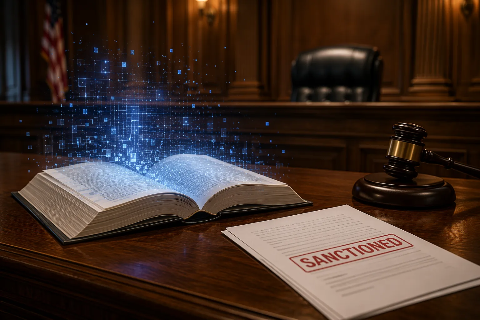 Courtroom desk with an open law book, digital fragments, and a sanctioned legal document