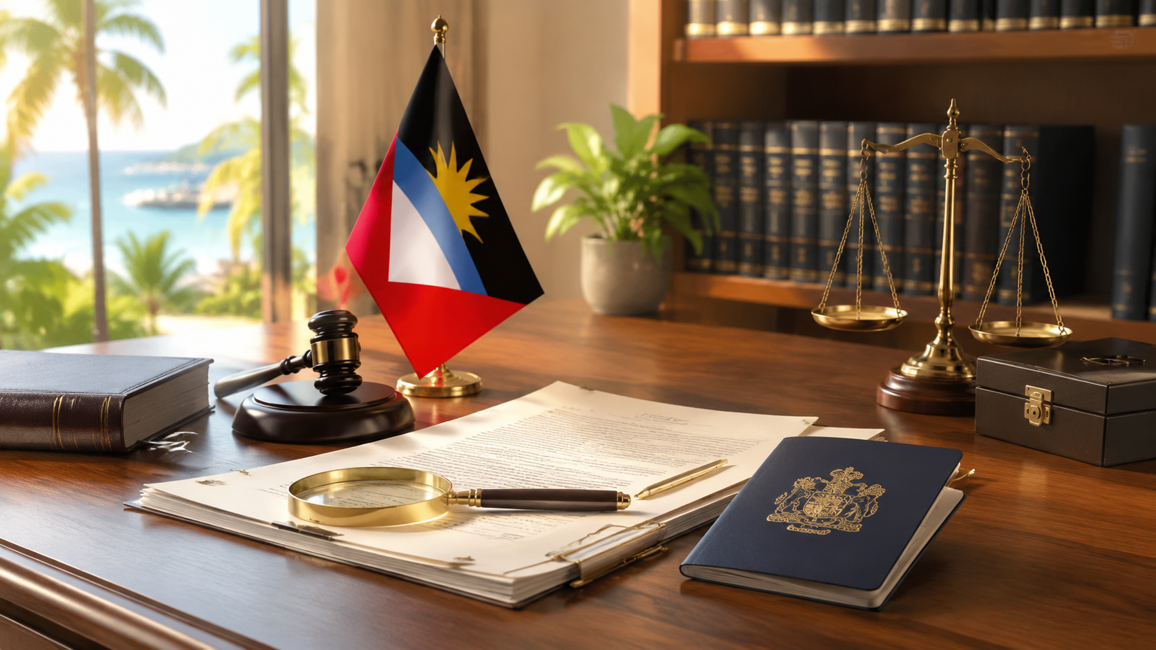 Legal documents, a Caribbean passport, an Antiguan flag, and a magnifying glass on a compliance desk