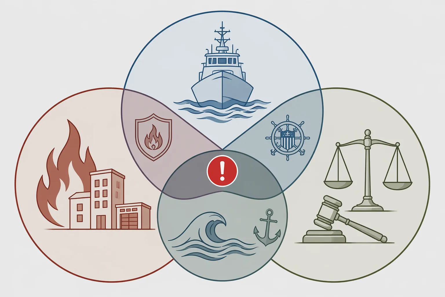 Overlapping fire safety, vessel regulation, and legal liability zones converging on a warning point