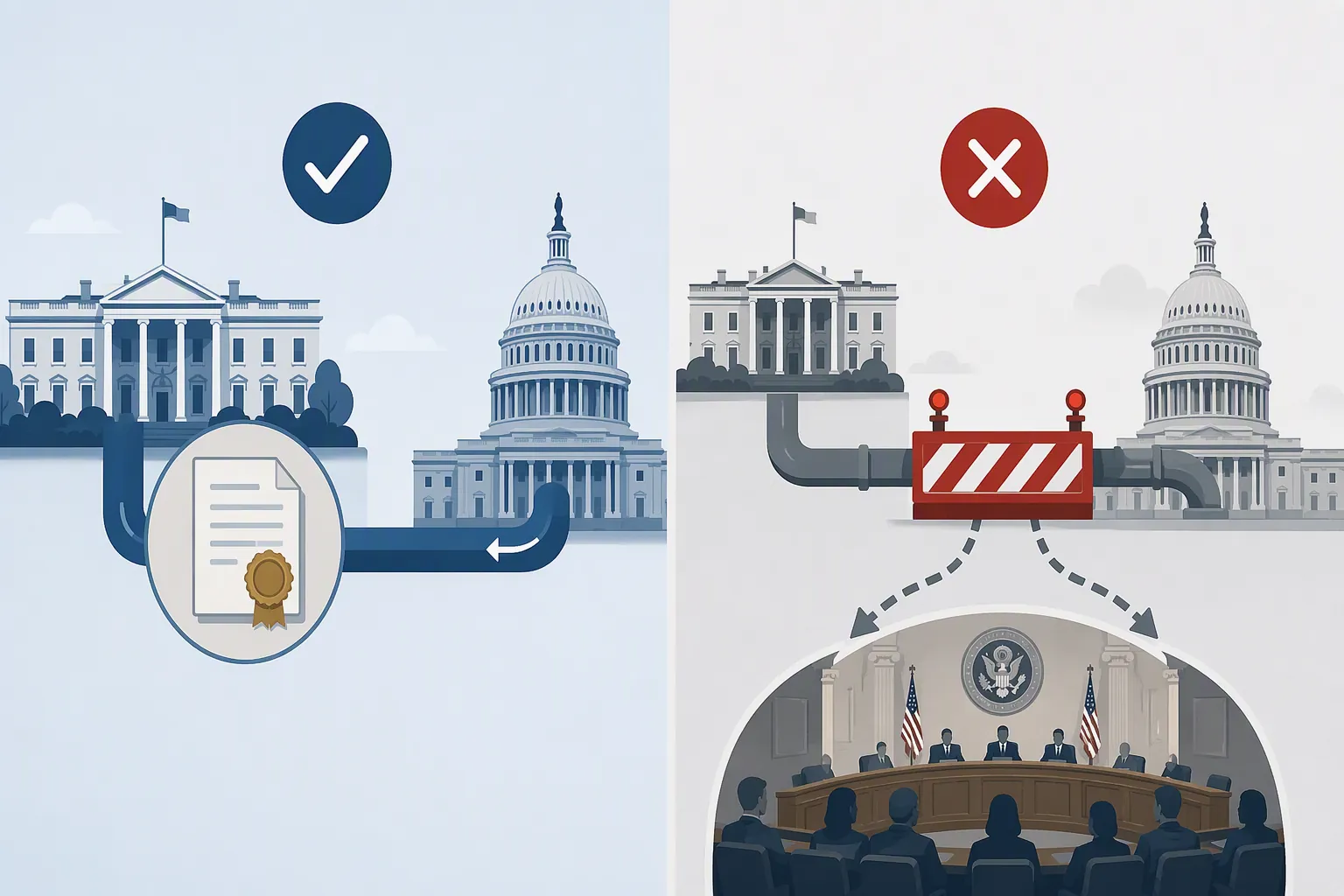 Editorial illustration contrasting the Impoundment Control Act special-message pathway with a blocked funding pipeline redirected through congressional pressure