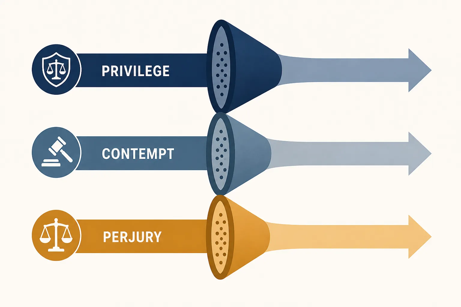 Editorial flat diagram of three parallel lanes labeled Privilege, Contempt, and Perjury, each with a funnel filter and directional arrow, rendered in navy, slate, and amber tones.
