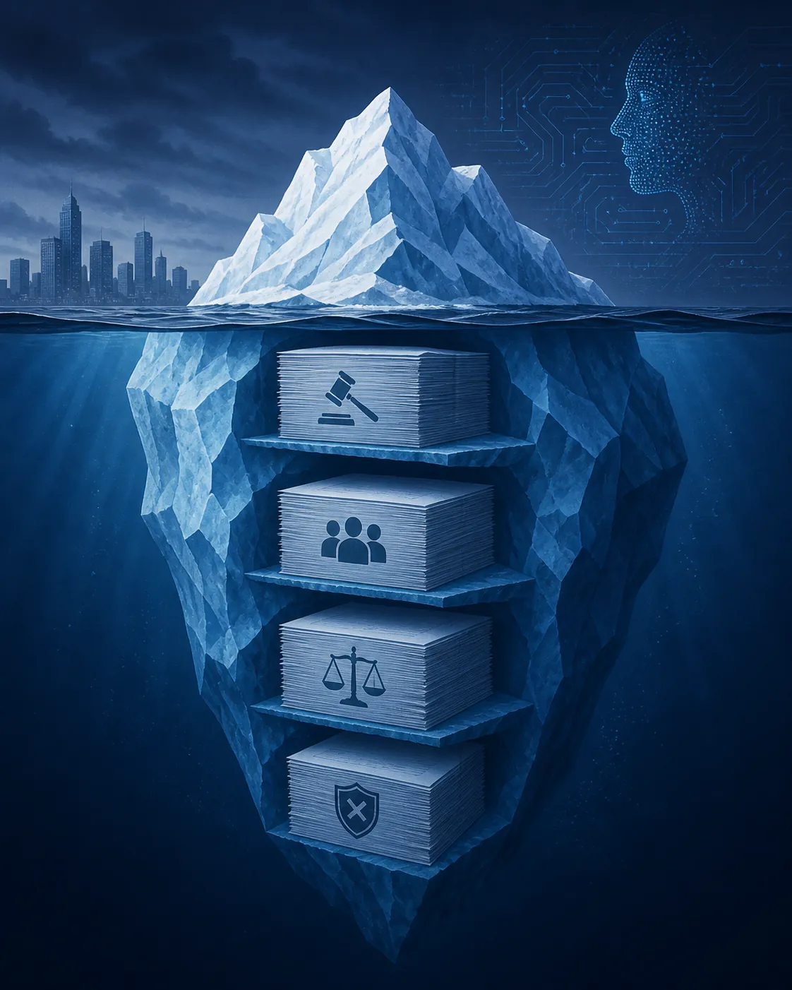 Editorial iceberg showing visible breach costs above the waterline and hidden litigation costs below