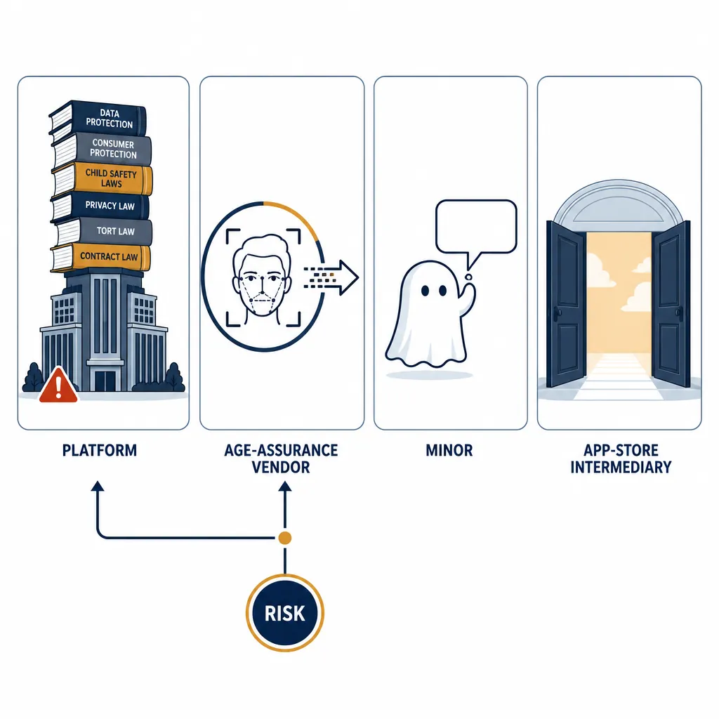 Liability allocation diagram showing platform, age-assurance vendor, minor, and app-store intermediary risk flows