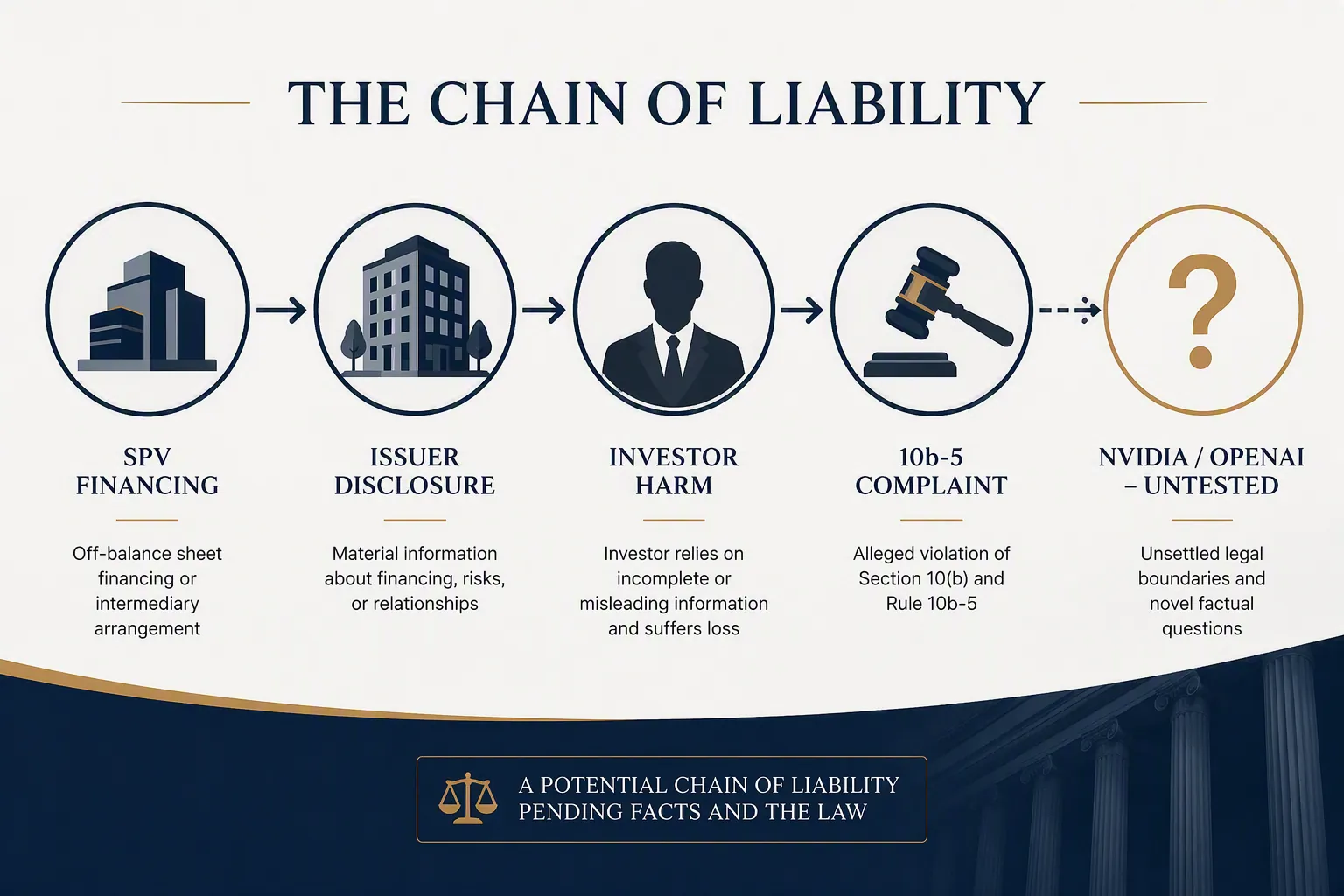 Five-stage chain from SPV financing to issuer disclosure, investor harm, 10b-5 complaint, and an unresolved Nvidia-OpenAI liability gap