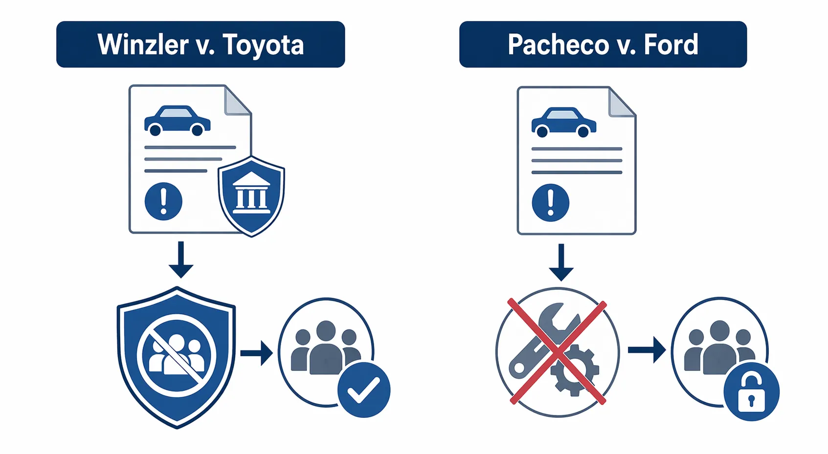 Legal pathway diagram showing a recall shielding class claims on one path and an inadequate remedy reopening claims on another