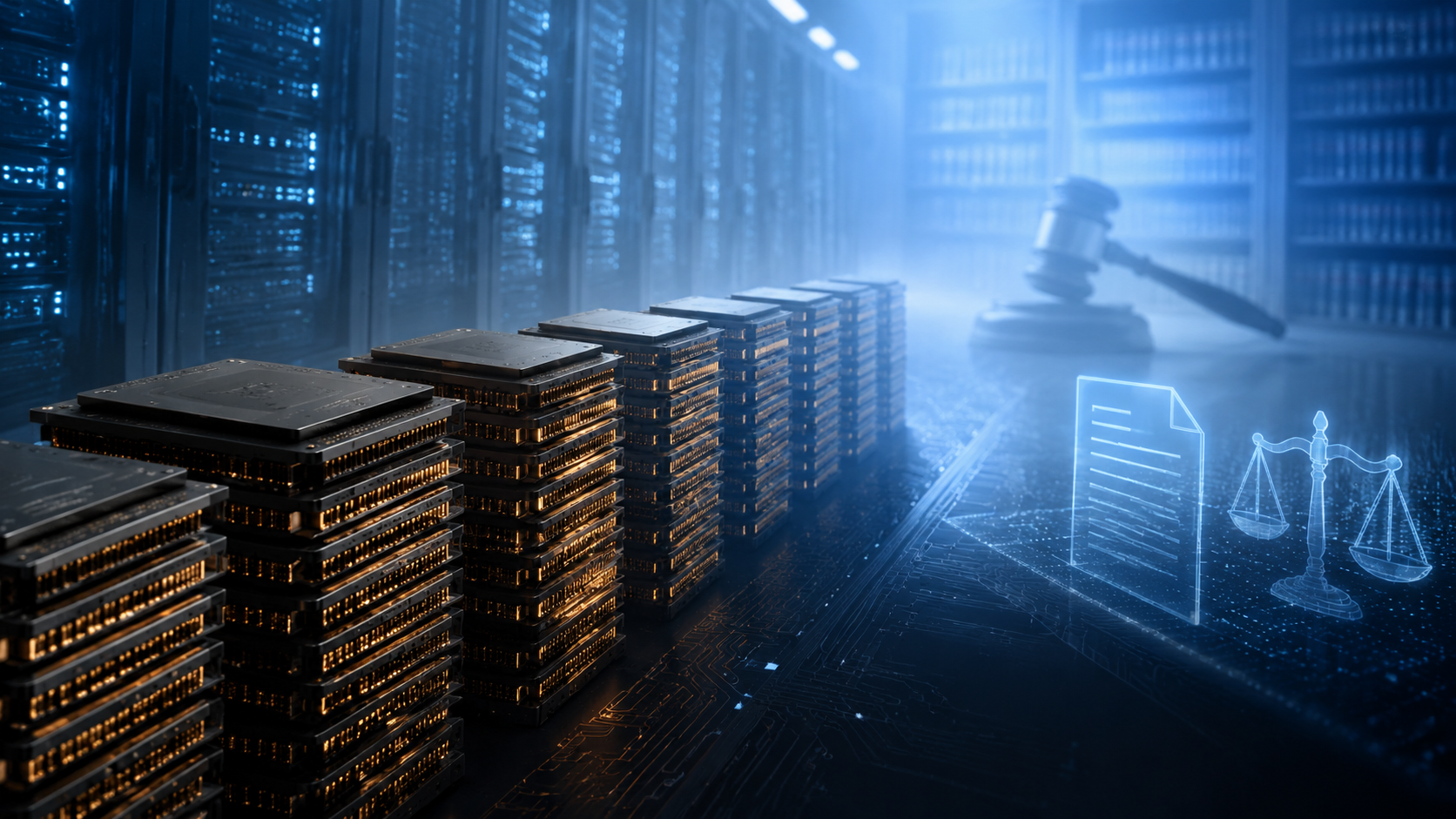 Tall memory chip stacks blocking a data center corridor with faint legal symbols in the background