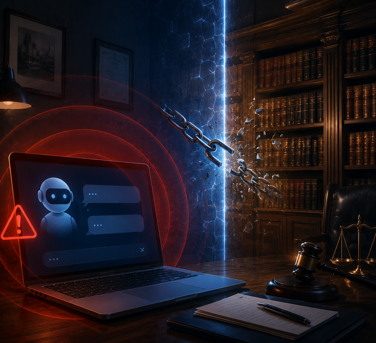 A law office laptop chatbot surrounded by a red warning zone and broken digital barrier