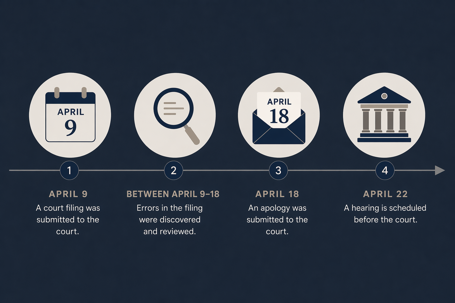 Timeline showing April 9 filing submitted, opposing counsel discovers errors, April 18 apology letter, and April 22 court hearing