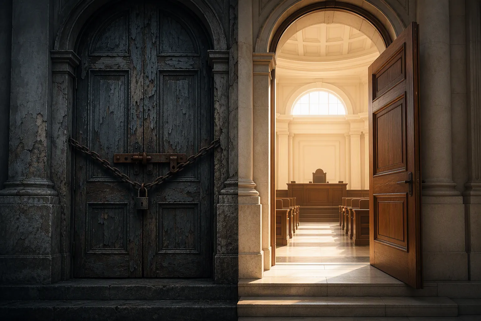 Two courthouse doors, one chained shut and one open to daylight, representing the Goldwater barrier and post-Zivotofsky access to statutory review