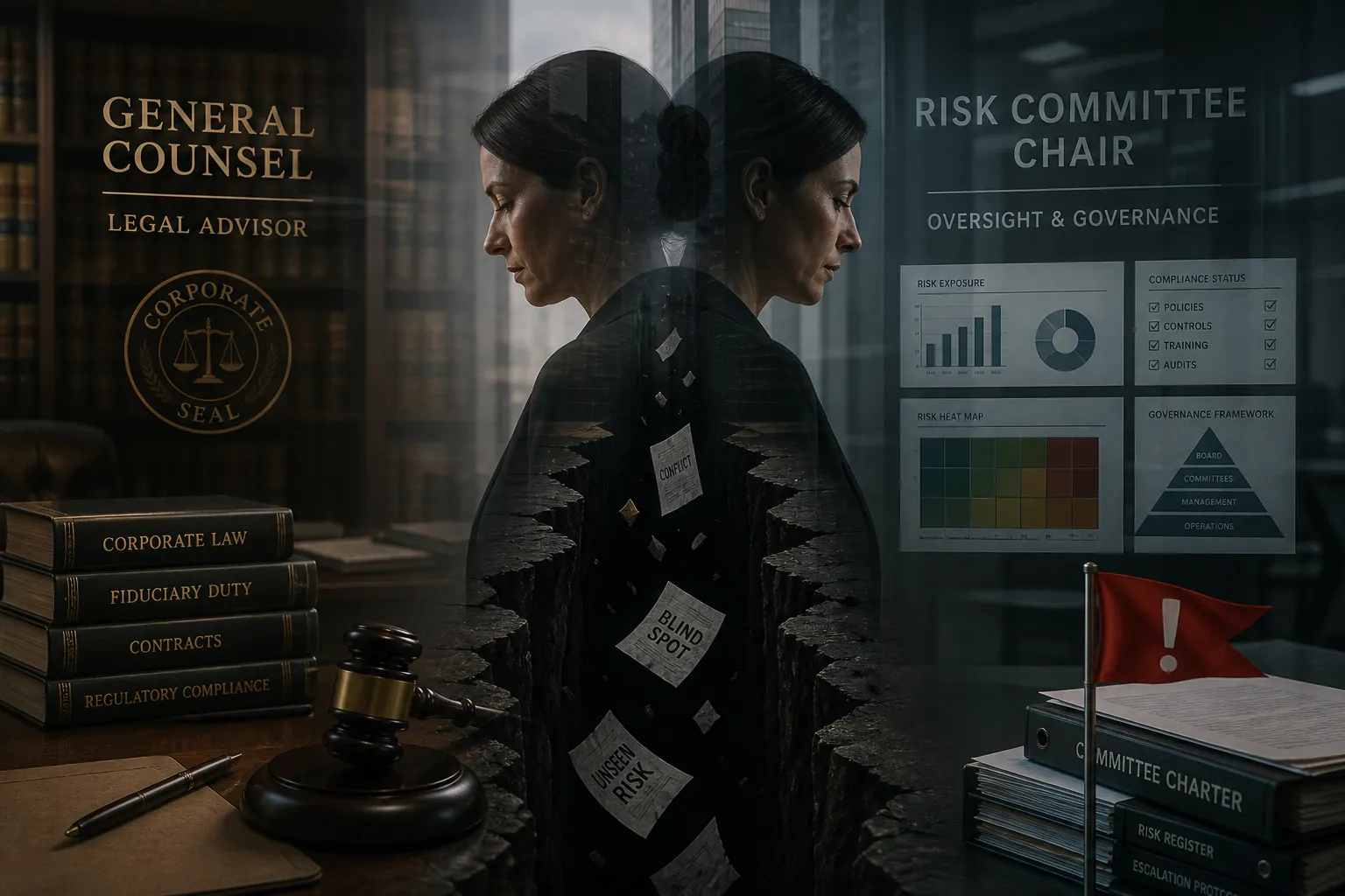 Double-exposure portrait showing a general counsel role and risk committee chair role separated by a dark gap