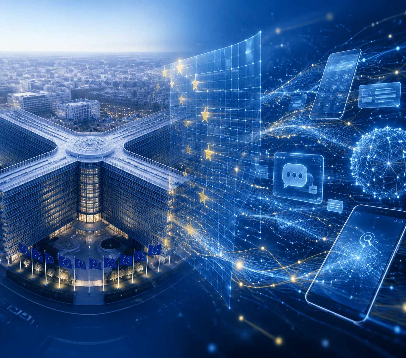 European Commission headquarters projecting a digital regulatory overlay toward Android devices, AI chatbot interfaces, and search data flows