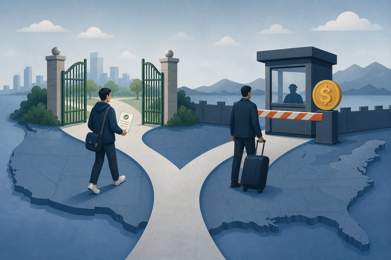 Forked road illustration contrasting an OPT filing inside the United States with a fee-gated H-1B entry scenario