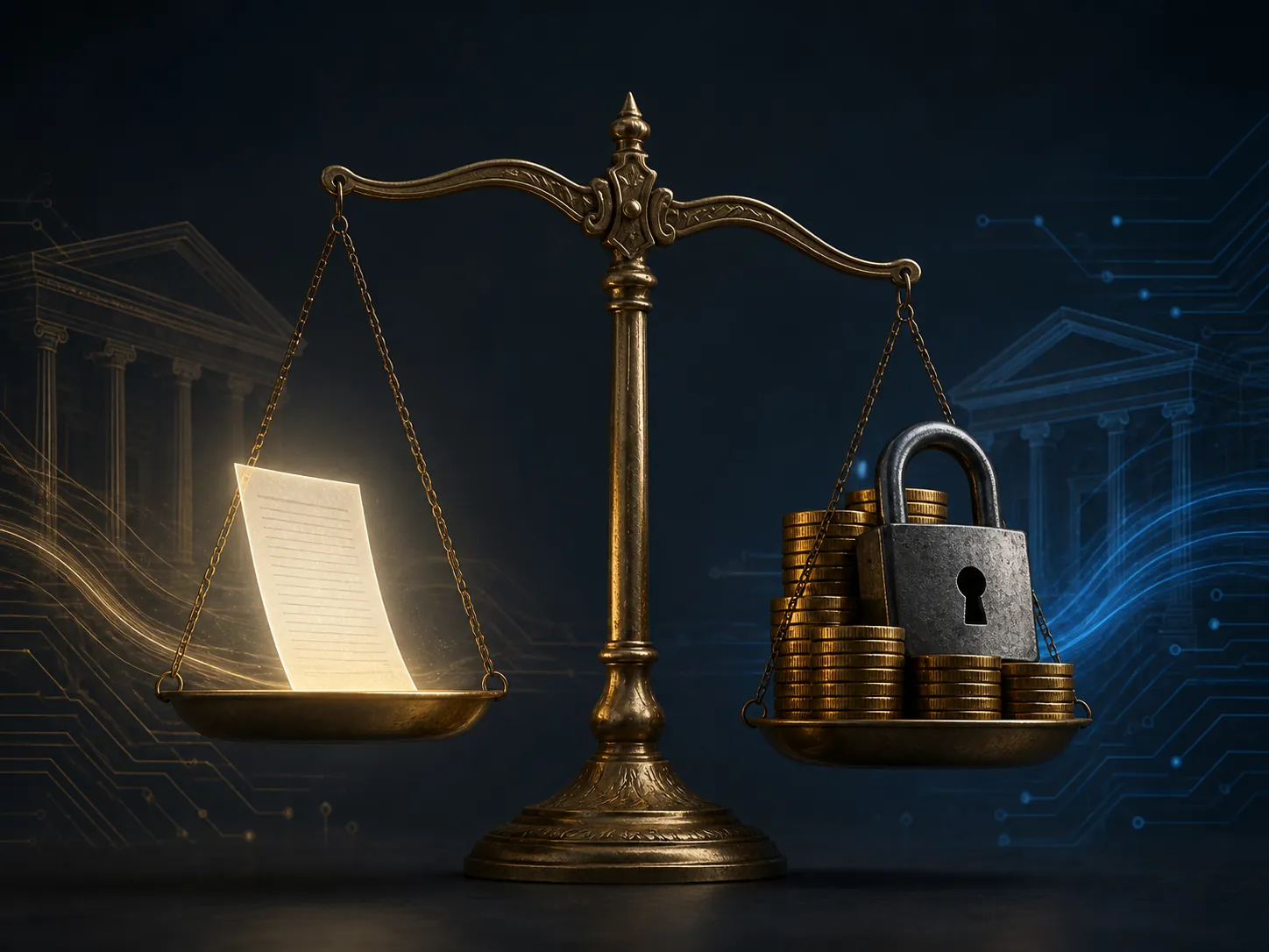 Justice scales contrasting a light document with heavier coins and a padlock to represent different sanctions across circuits