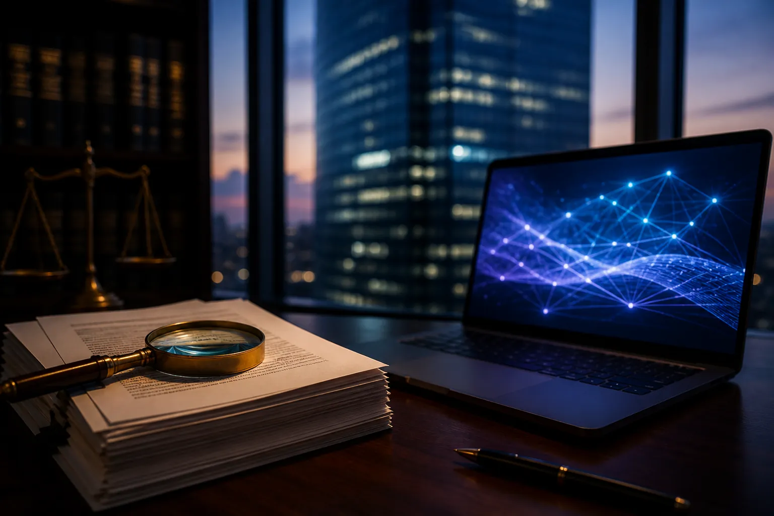 Law office desk with contracts, magnifying glass, and a laptop glowing with abstract neural network light
