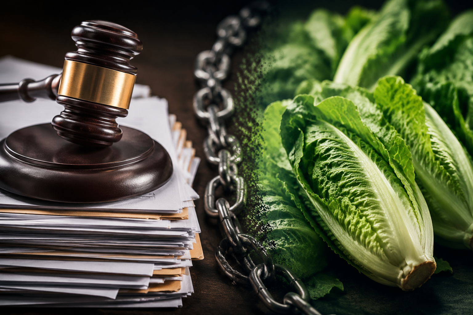 Gavel, legal documents, lettuce leaves, and a chain suggesting litigation over a produce supply chain