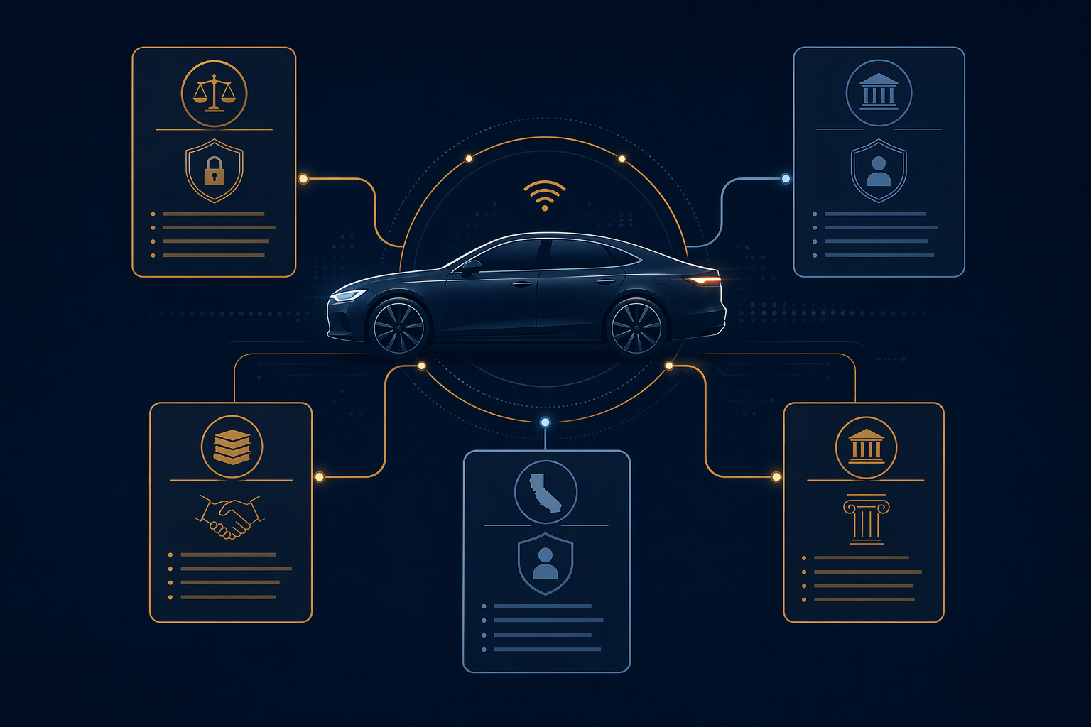 Connected car with pathways to biometric privacy, consumer protection, commercial code, state privacy, and constitutional law panels