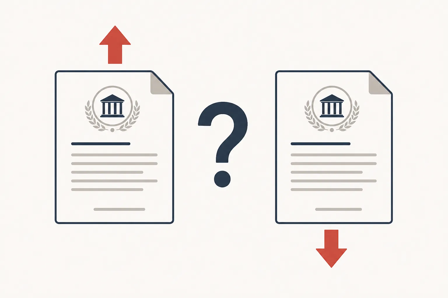Two documents pointing in opposite directions with a question mark between them