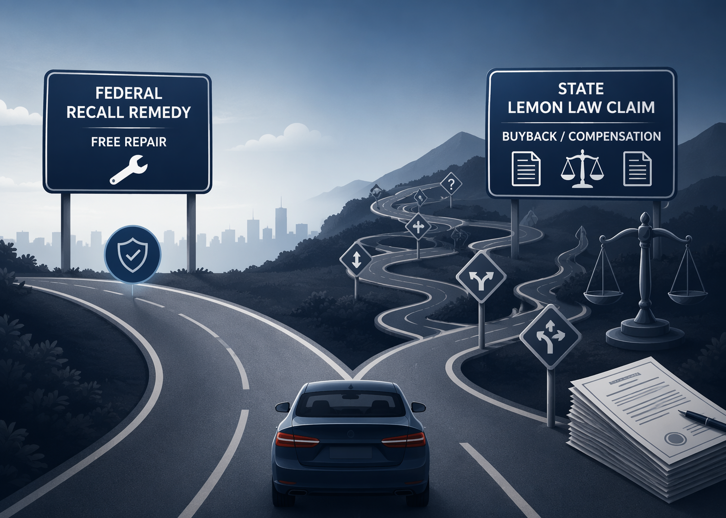 Legal pathway fork showing federal recall remedy as a free repair path and state lemon law as a separate buyback or compensation path