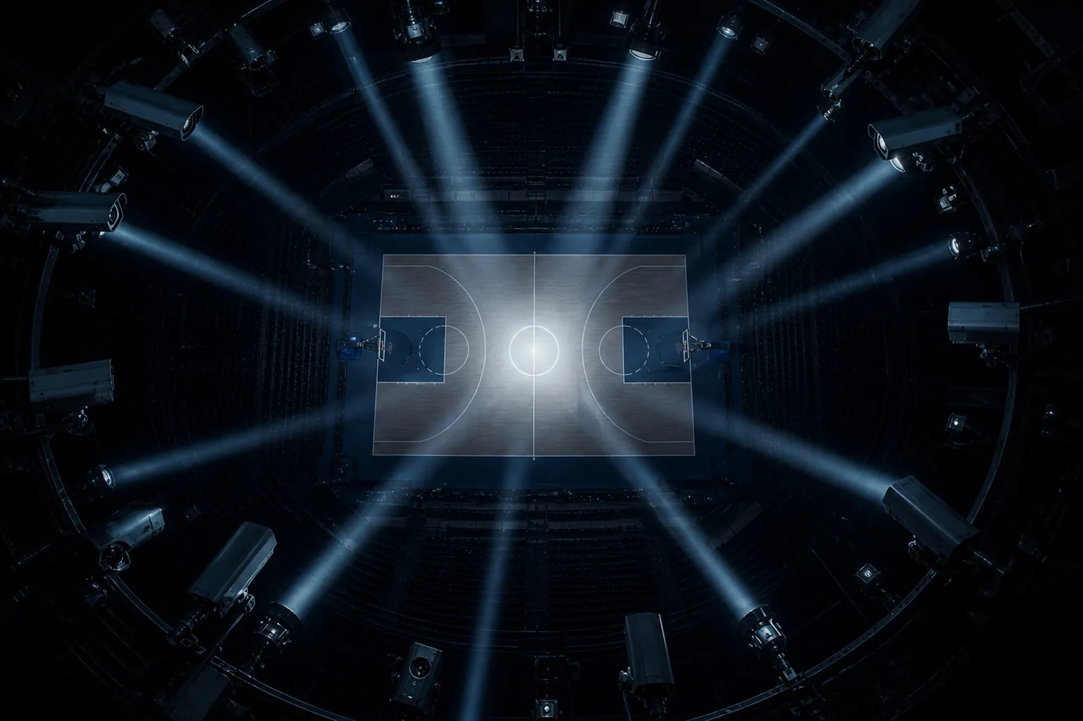 Basketball court under surveillance lights and cameras
