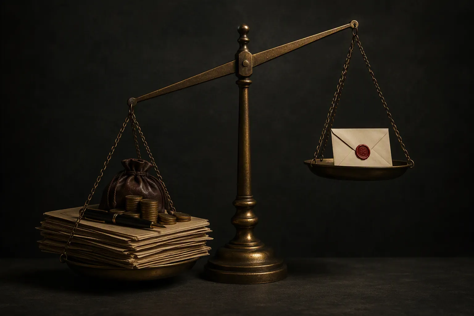 A balance scale weighted by legal documents and costs opposite a sealed legal envelope