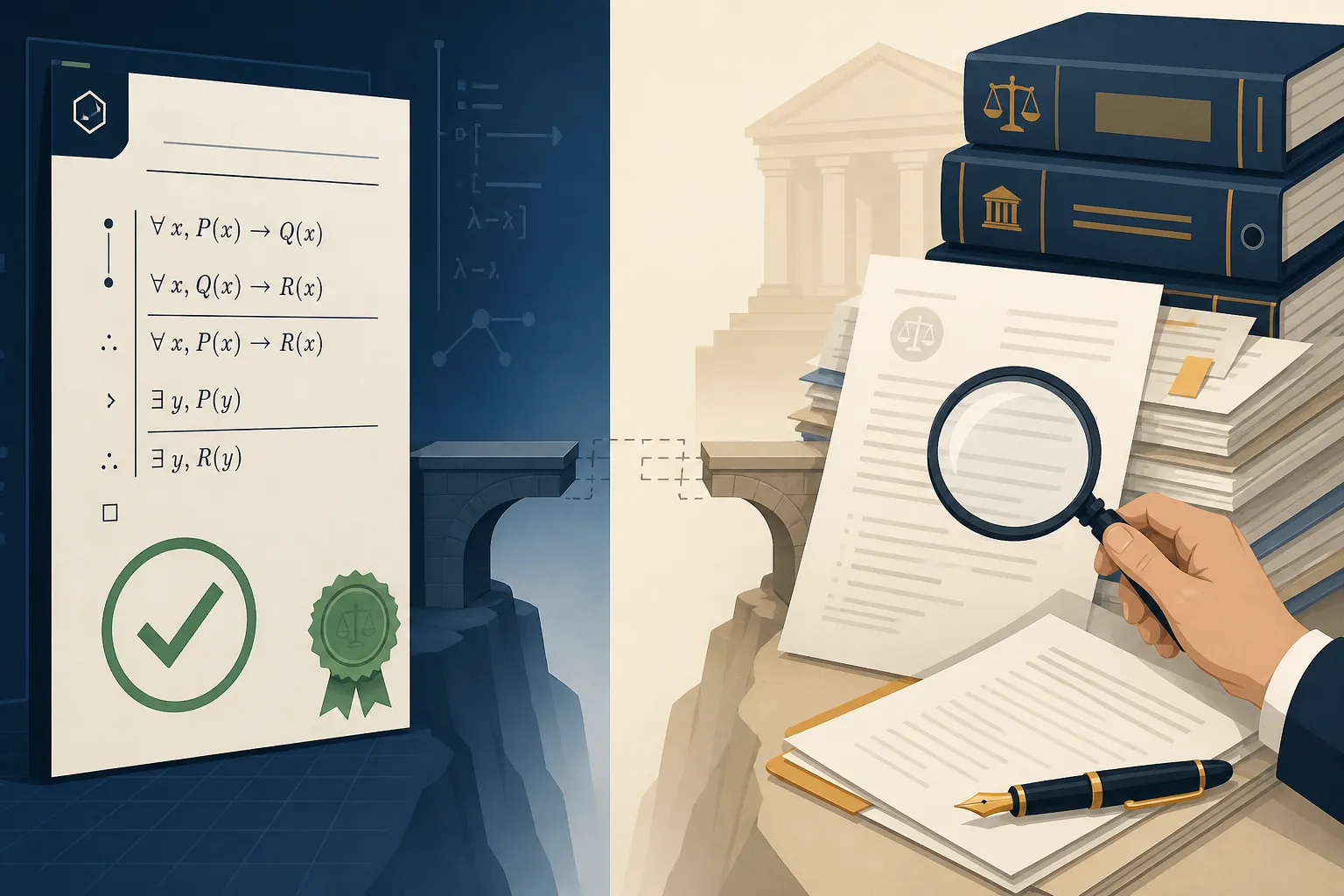 Machine-checkable formal proof separated from legal documents requiring human verification