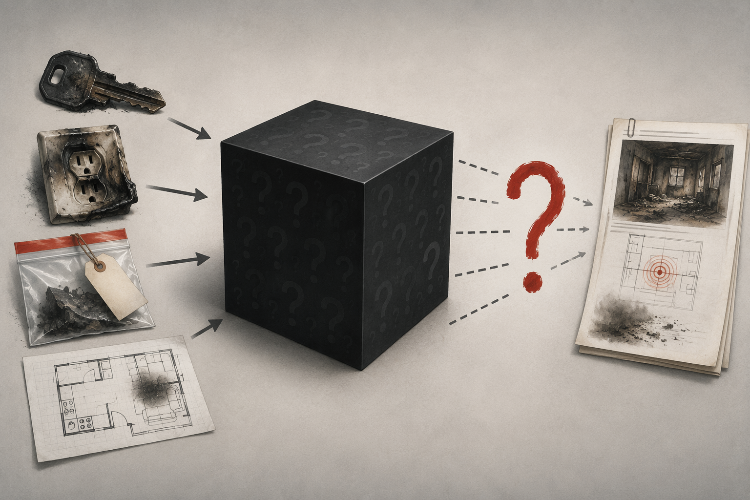 Fire investigation inputs entering an opaque AI black box before producing an origin-and-cause conclusion