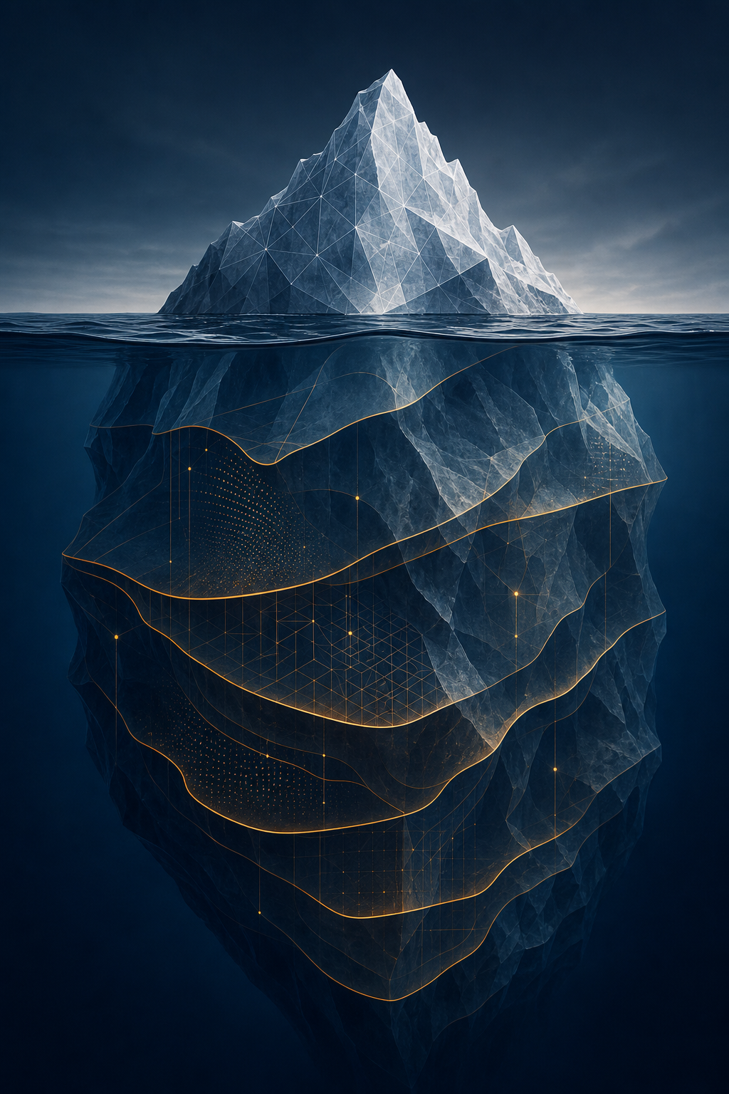 A partially transparent iceberg illustration with a small visible tip above water and a much larger layered mass below the waterline in slate gray, deep blue, and amber accent colors, representing hidden costs beneath the surface.