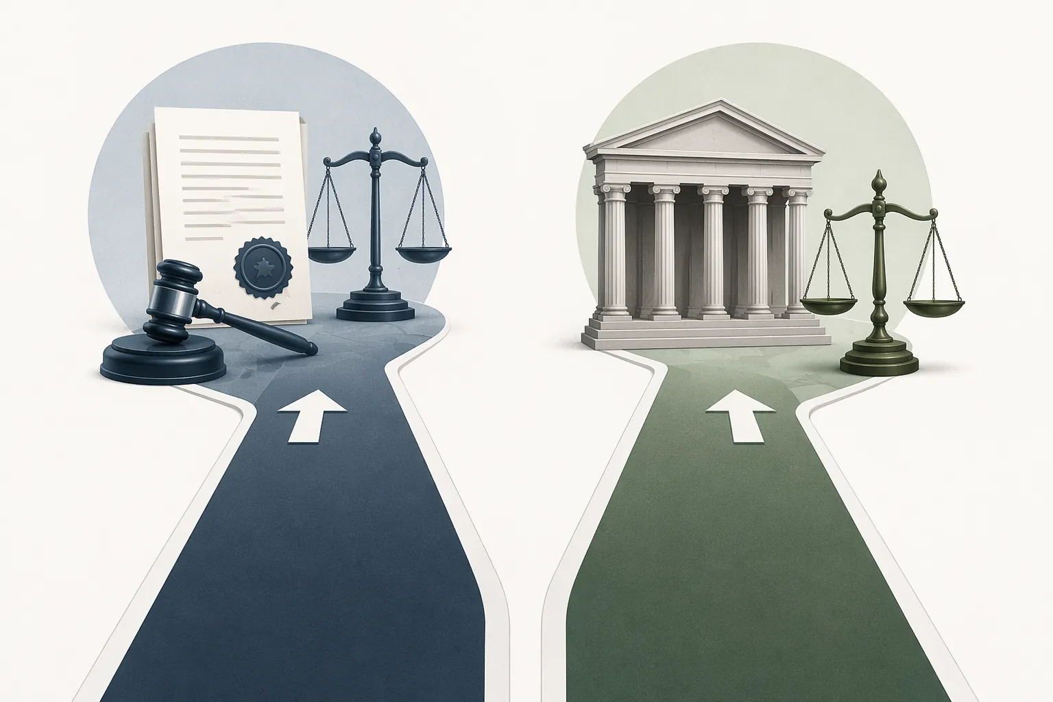 Two parallel legal pathways showing agency procedure and federal appellate review