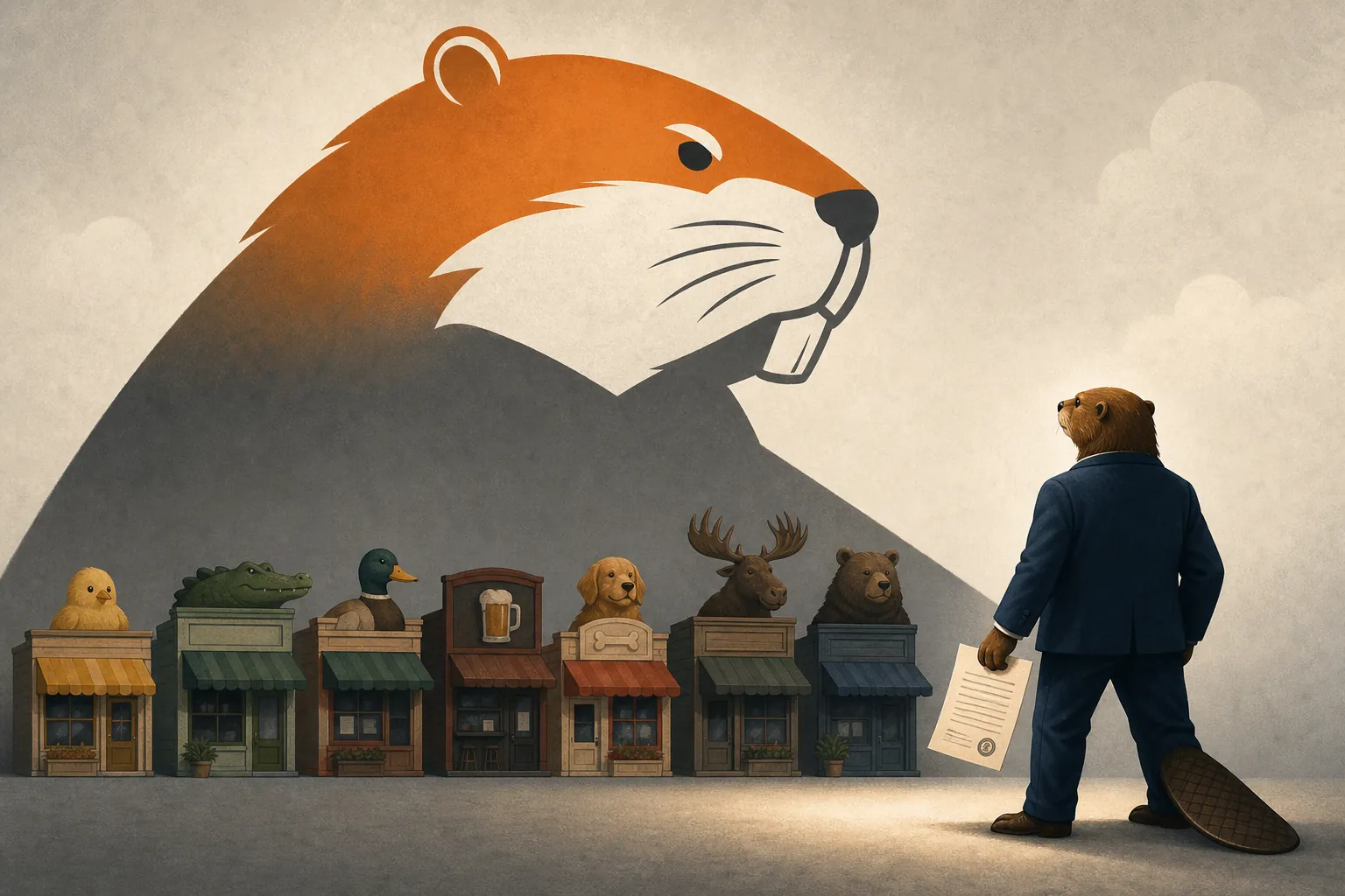 A large orange-and-white beaver silhouette facing small animal-icon storefronts and a figure holding a legal document