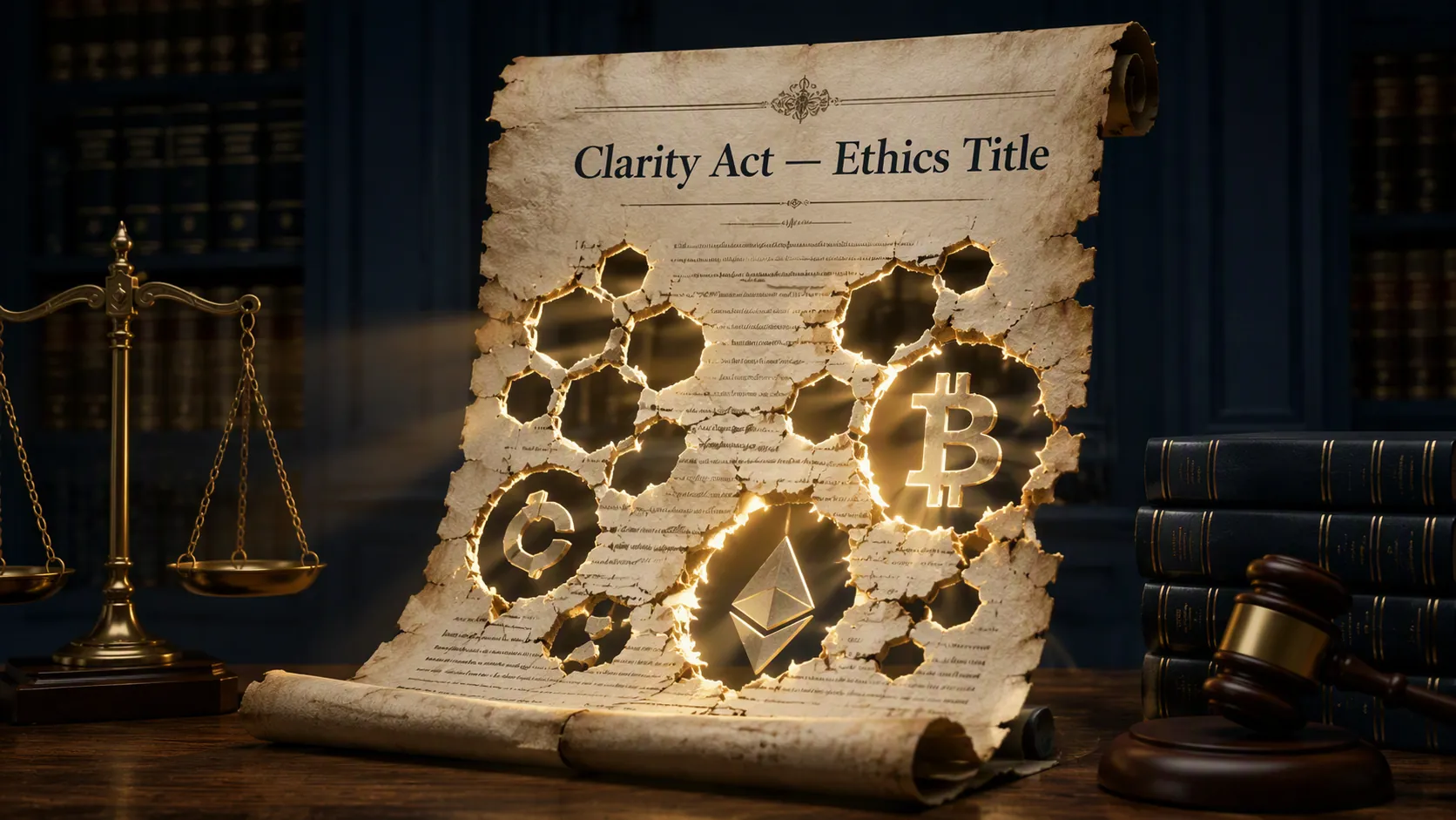 A Clarity Act ethics title document with blockchain-shaped holes on a legal desk