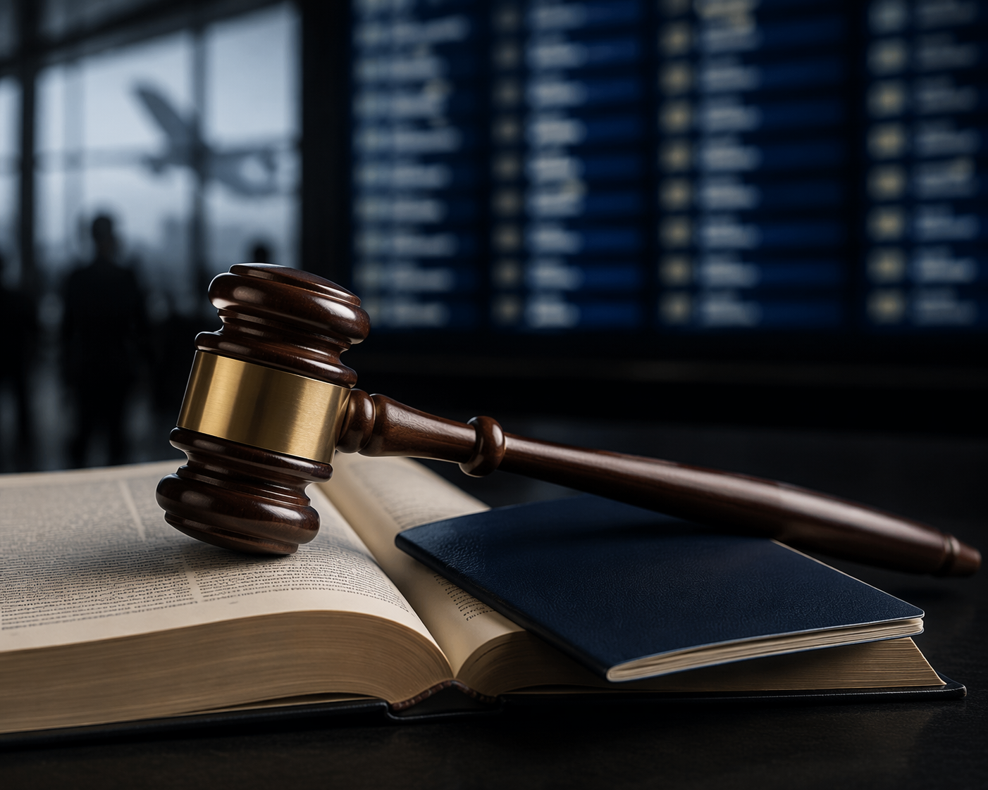 Judge's gavel on an open law book and passport with an airport departure board in the background