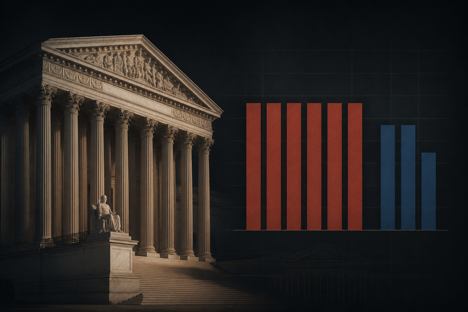 Supreme Court facade beside a bar visualization showing a unified six-justice bloc and three opposing votes