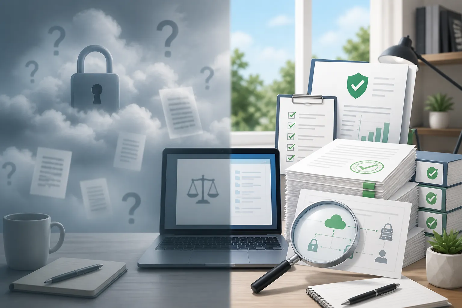 Illustration contrasting assumed cloud security with verified audit reports and controls