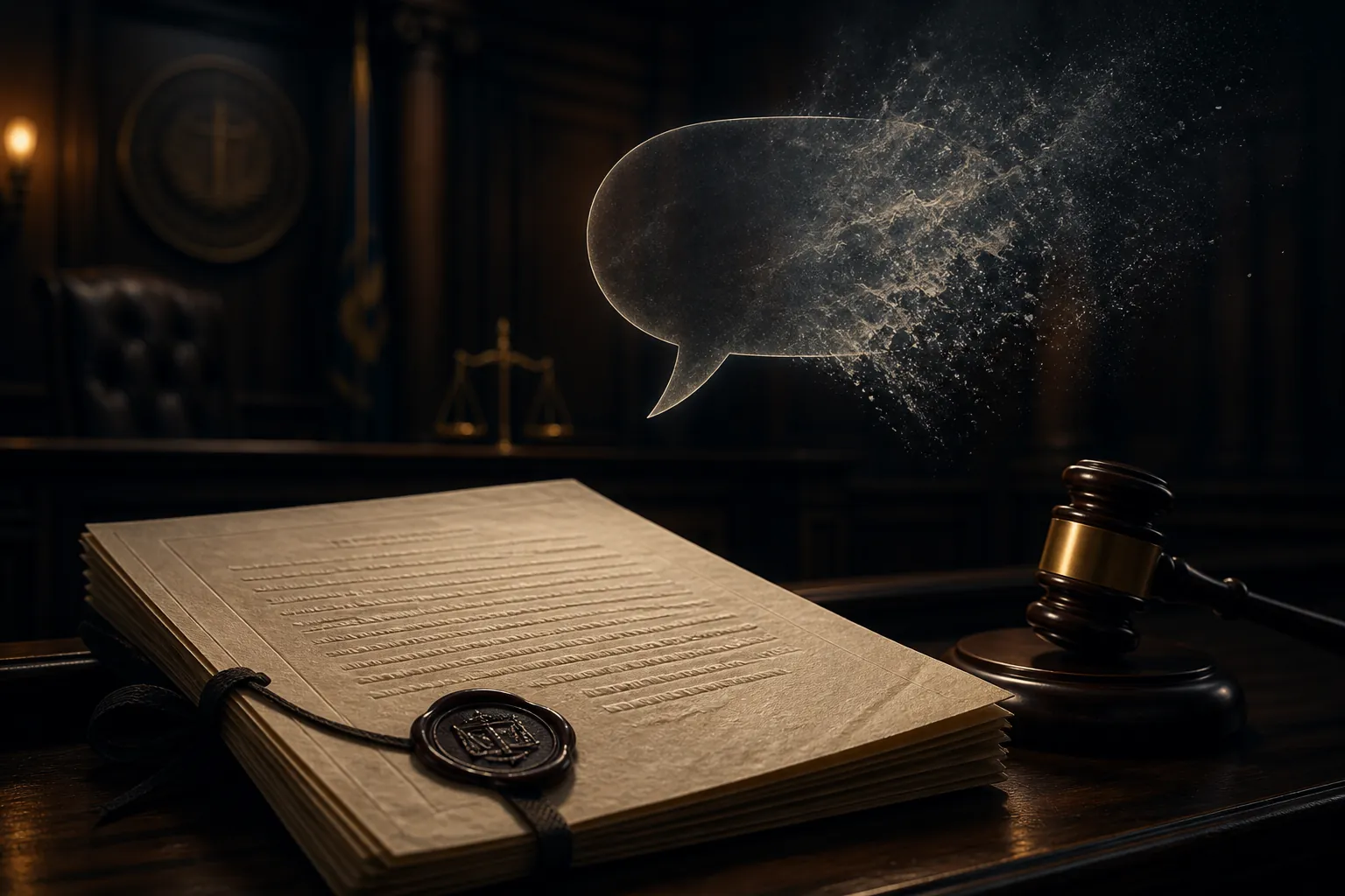 A legal settlement document with a wax seal rests on a judge's bench beside a gavel while a speech bubble dissolves in the background