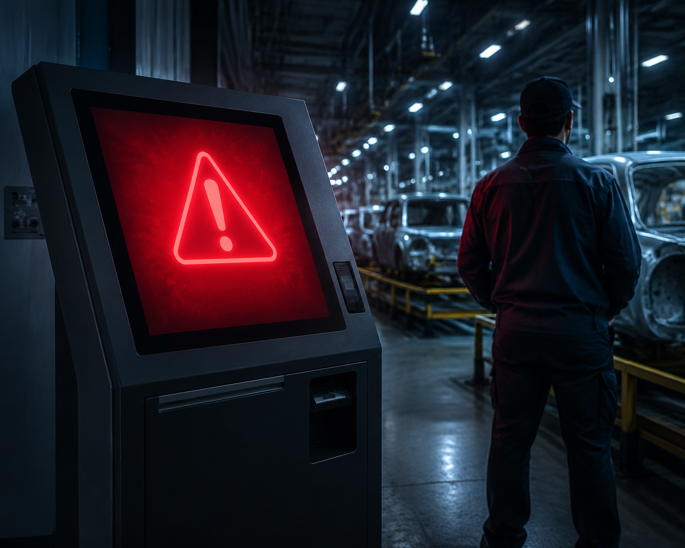 A worker stands near a kiosk with a red error screen in a factory at night