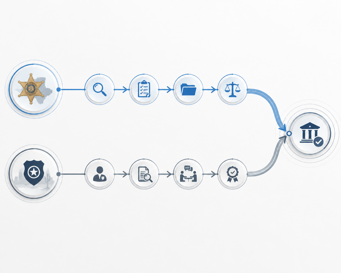 Minimalist dual-track investigation diagram with separate criminal and administrative pathways converging at a decision point