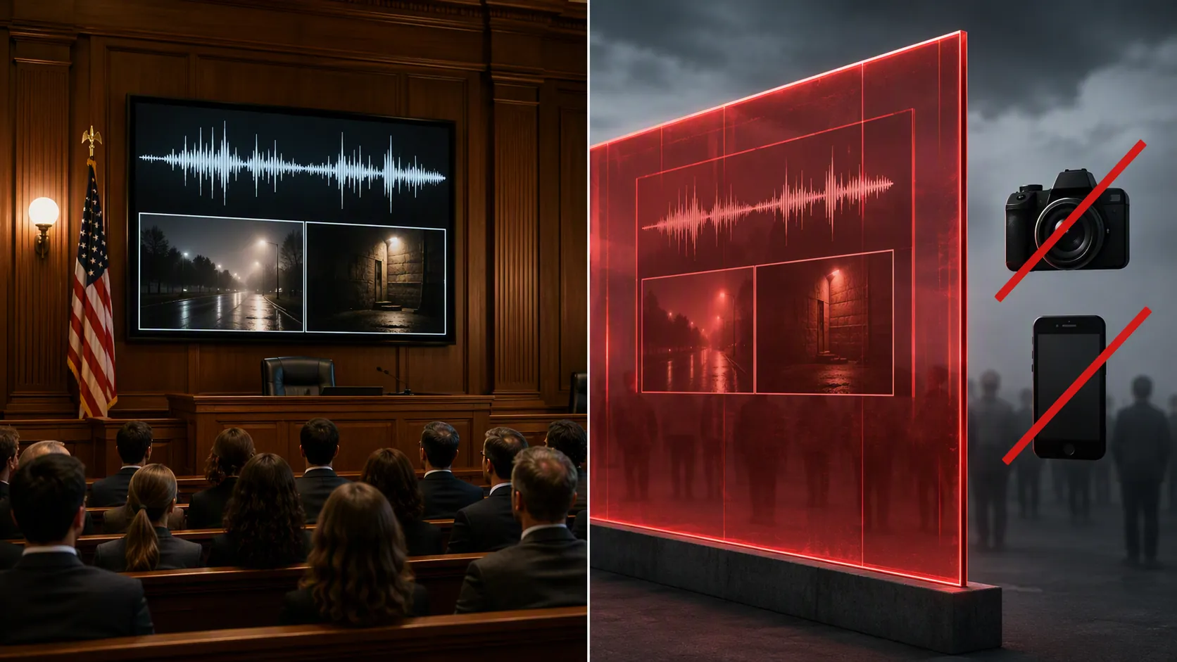 Courtroom evidence shown to a jury on one side and blocked from public or AI-tool dissemination on the other