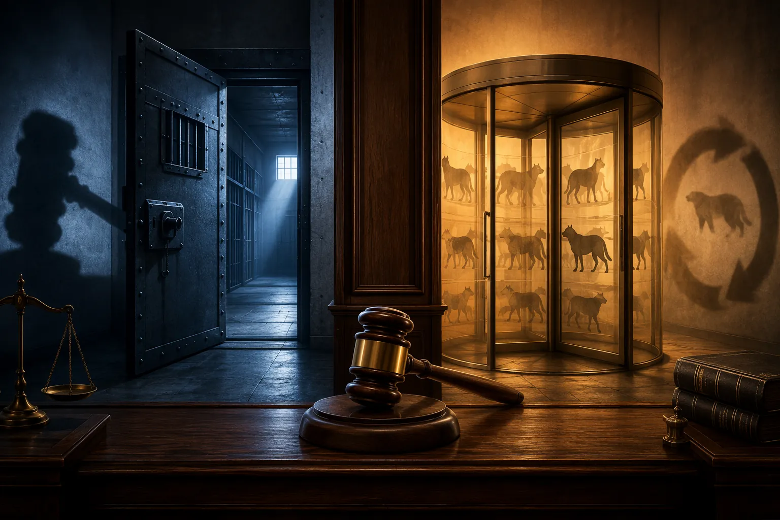Courtroom image contrasting a severe sentencing outcome with a recurring animal access cycle